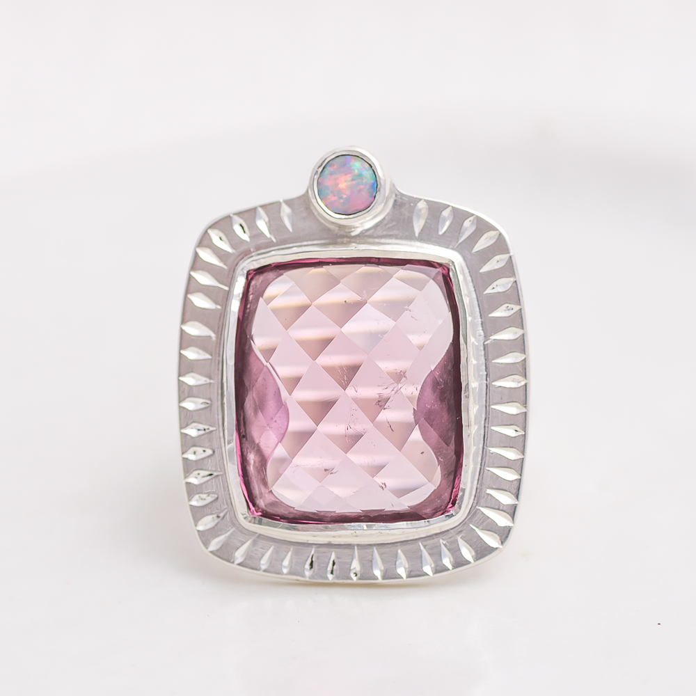 Rose Cut Tourmaline Opal Ring ◇ Pink Tourmaline + Australian Opal ◇ Size 7.5