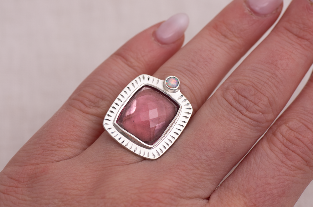 Rose Cut Tourmaline Opal Ring ◇ Pink Tourmaline + Australian Opal ◇ Size 7.5