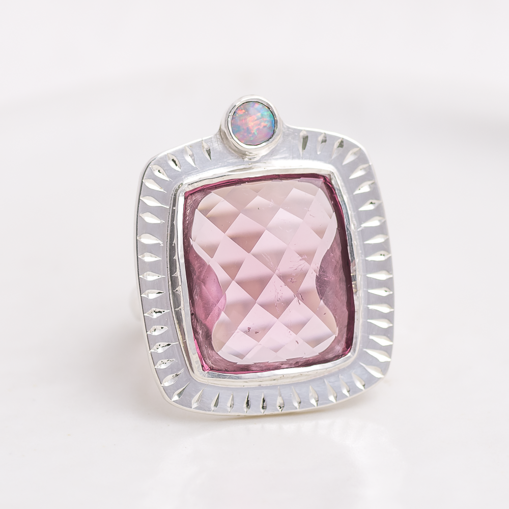 Rose Cut Tourmaline Opal Ring ◇ Pink Tourmaline + Australian Opal ◇ Size 7.5