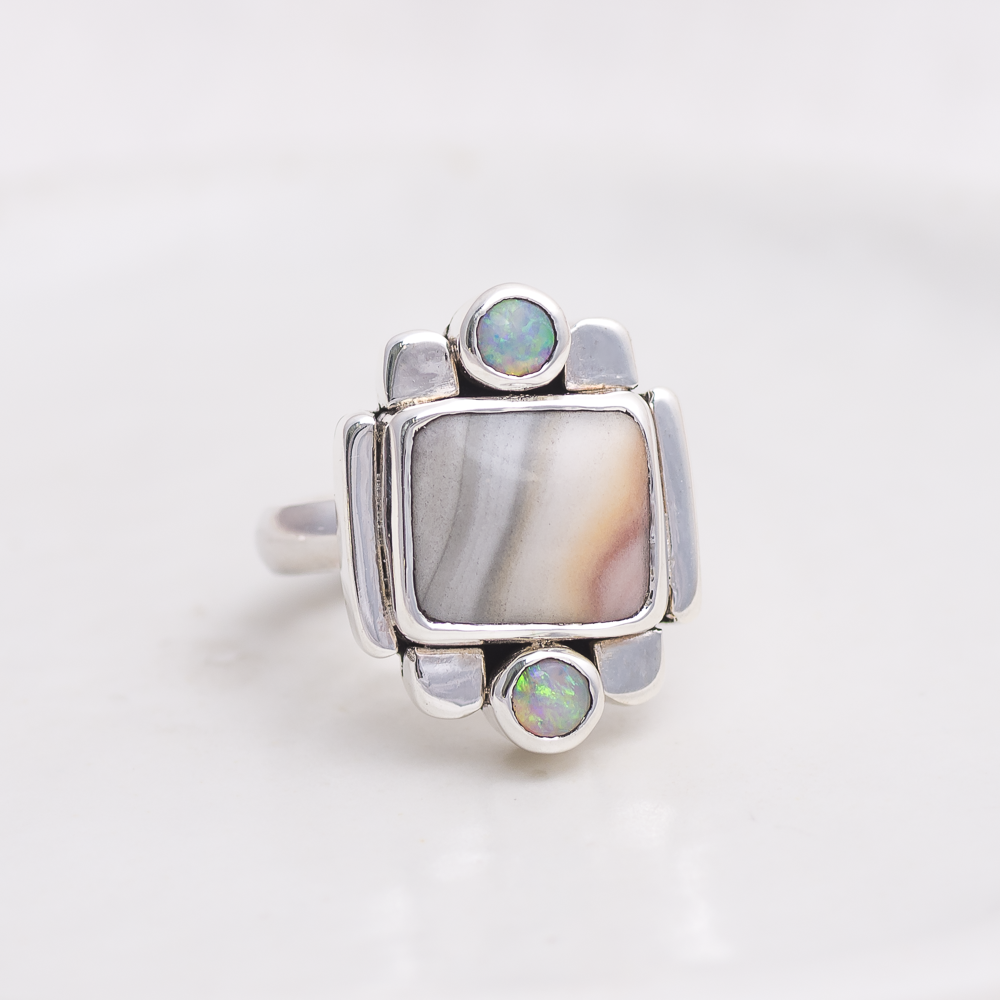 Fortress Ring ◇ Windy Mountain Jasper + Australian Opal ◇ Size 7.5
