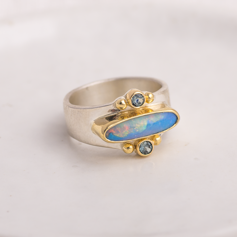 Elongated Affinity Ring ◇ Australian Opal + Montana Sapphires ◇ Size 7 ◇ 18K gold accents