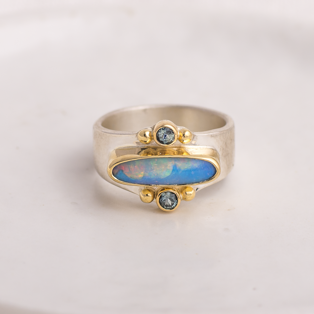 Elongated Affinity Ring ◇ Australian Opal + Montana Sapphires ◇ Size 7 ◇ 18K gold accents
