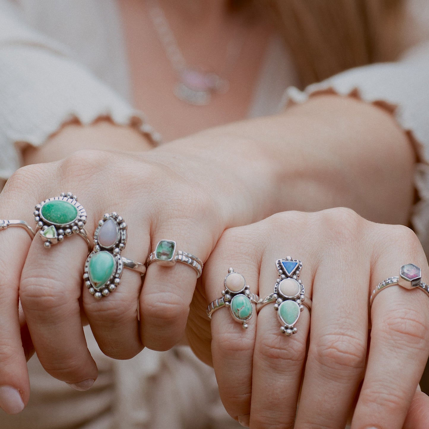 Petite Inner Vision Ring (C) ◇ Green Variscite + Pink Opal ◇ Size 8