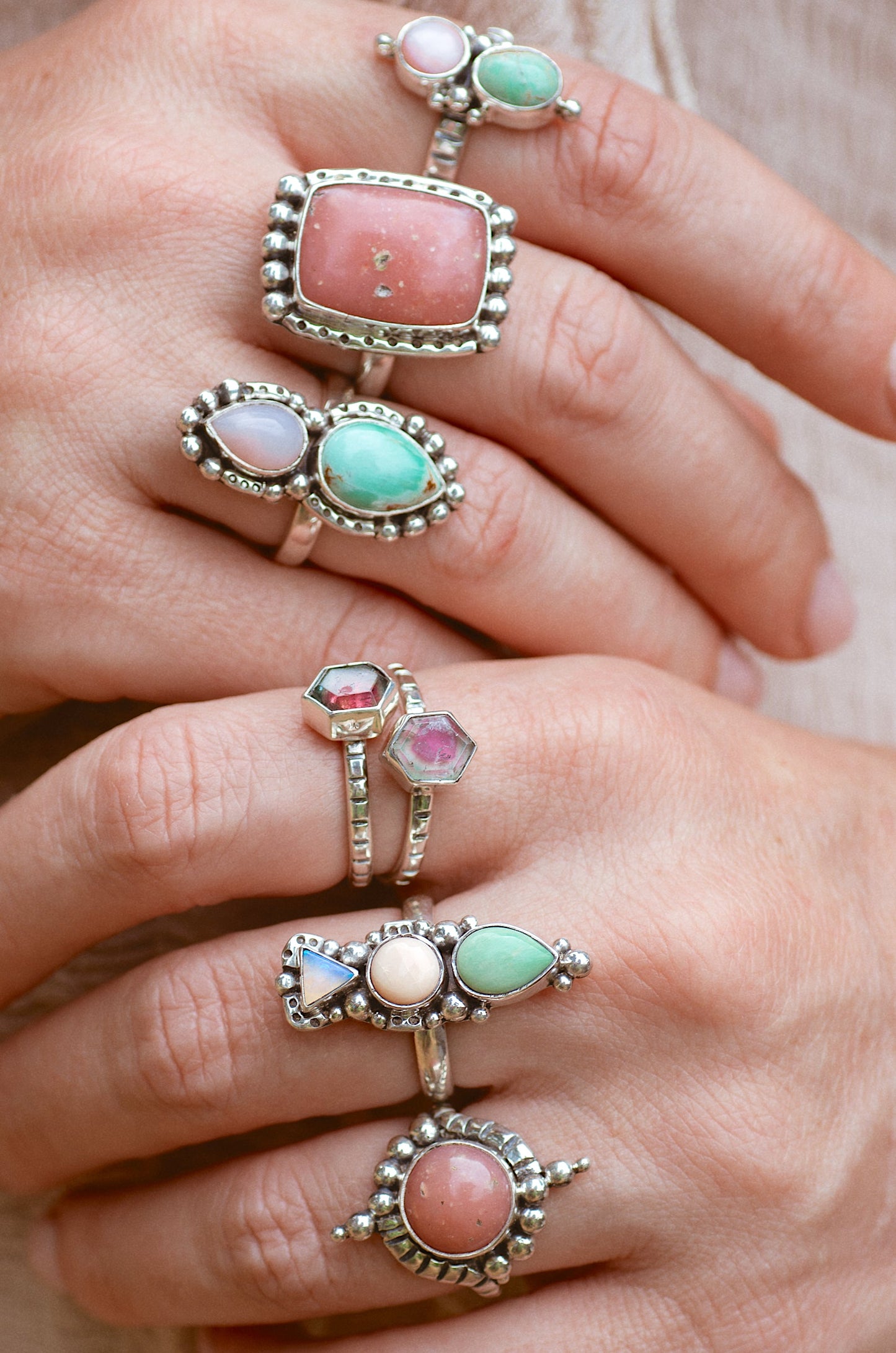 Petite Inner Vision Ring (B) ◇ Green Variscite + Pink Opal ◇ Size 8