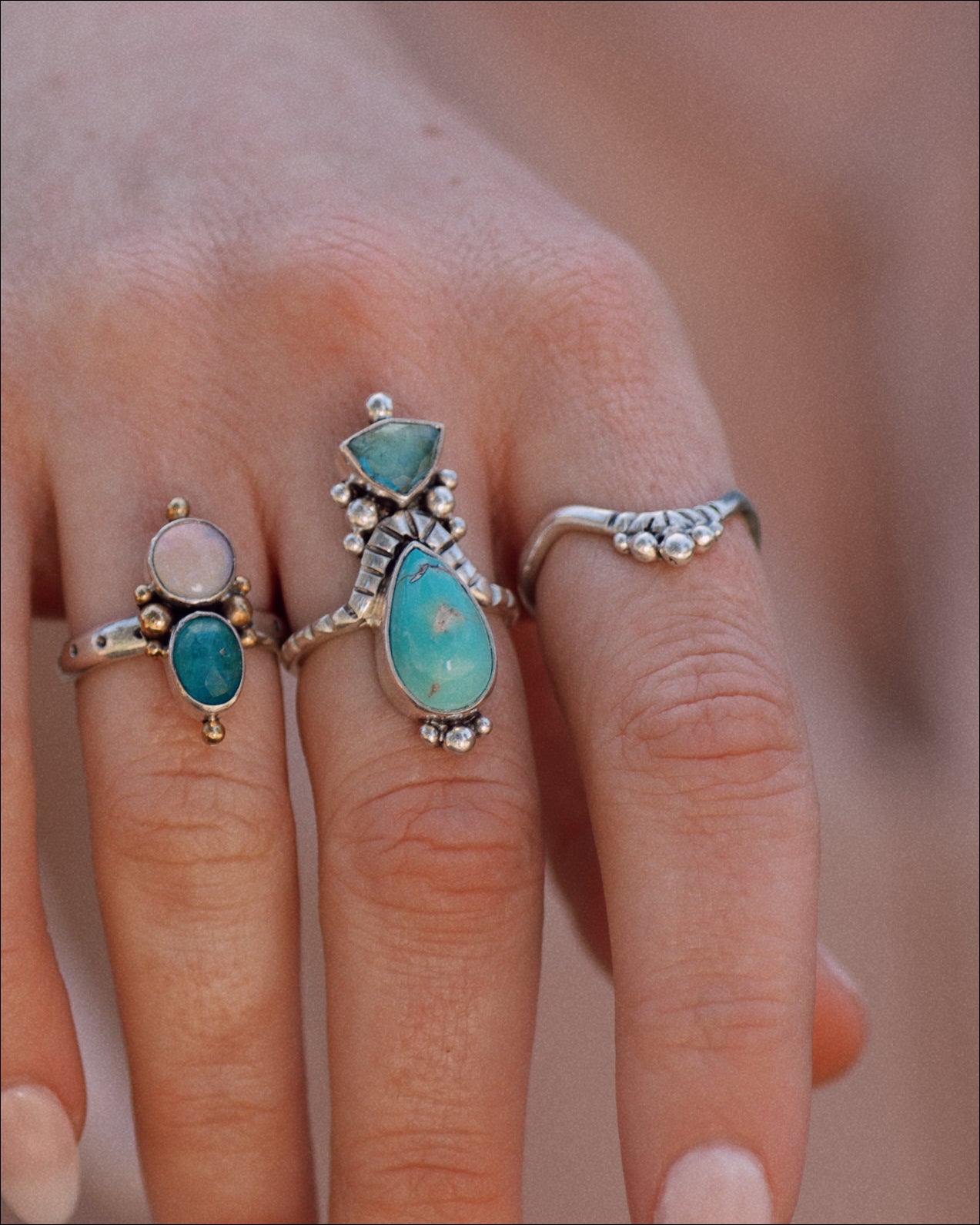 Petite Duo Ring (F) ◇ Faceted Blue Apatite + Australian Opal ◇ Size 7.5