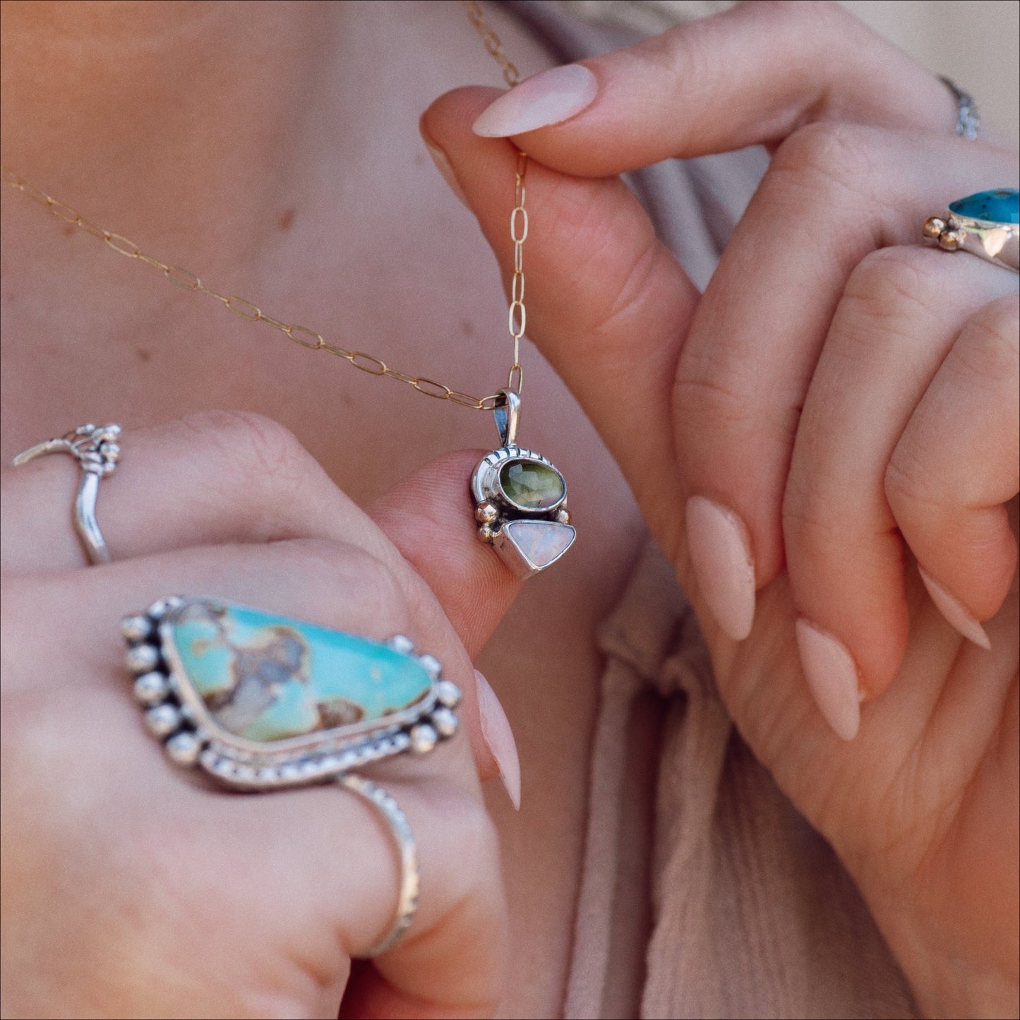 Duo Necklace (A) ◇ Faceted Tourmaline + Australian Opal (Silver + 14k Gold)