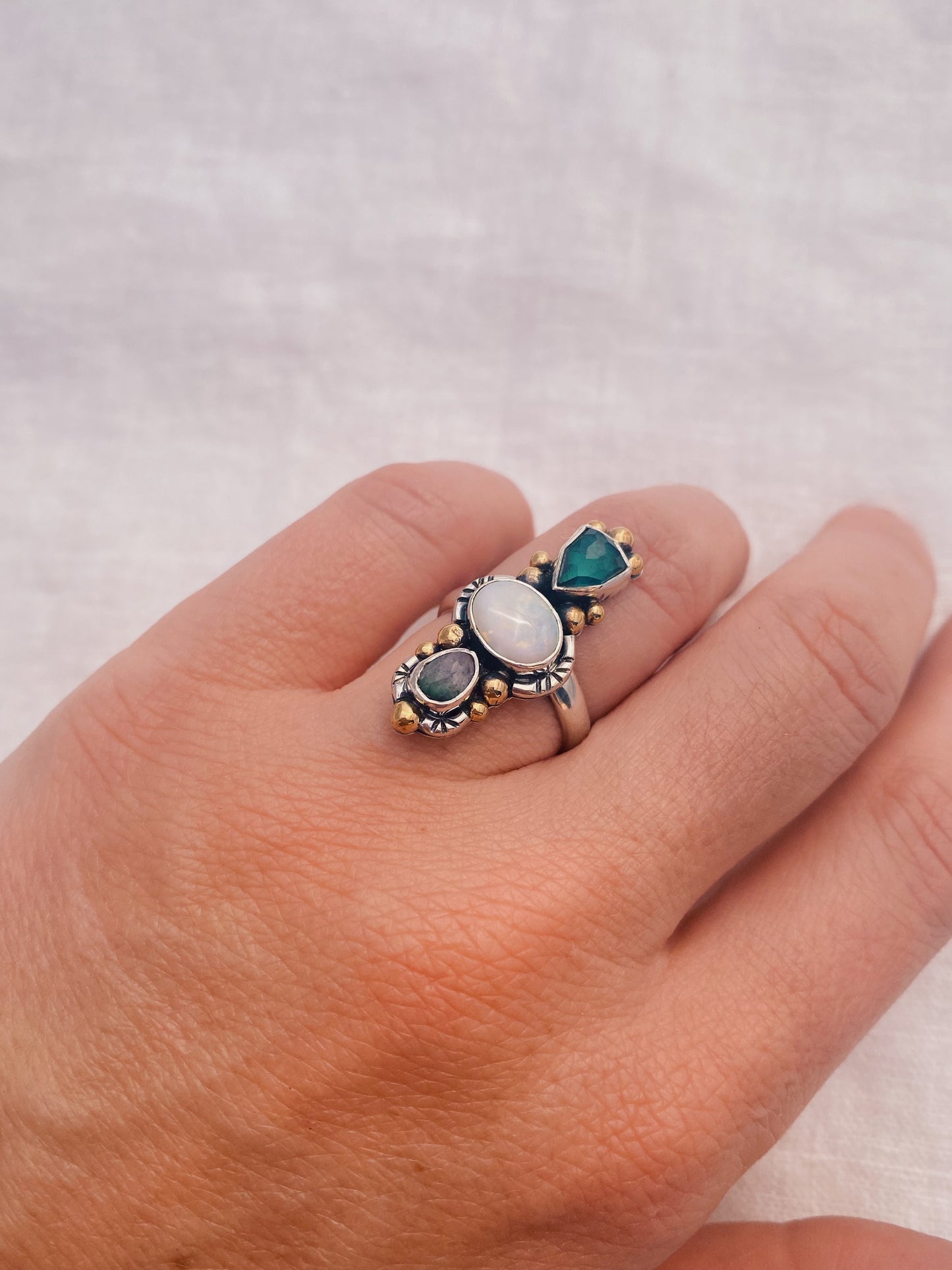 Trine Ring (D) ◇ Faceted Tourmaline + Australian Opal + Faceted Tourmaline ◇ Size 7.5