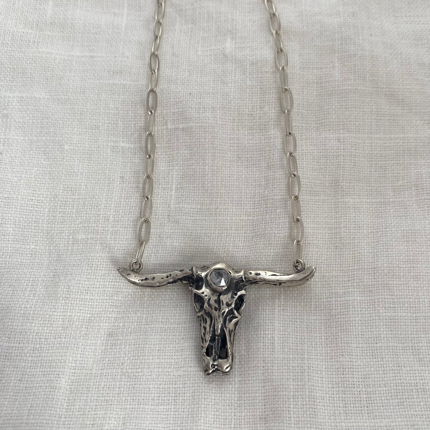Silver Cow Skull Long Necklace with Herkimer Diamond Crystal Point