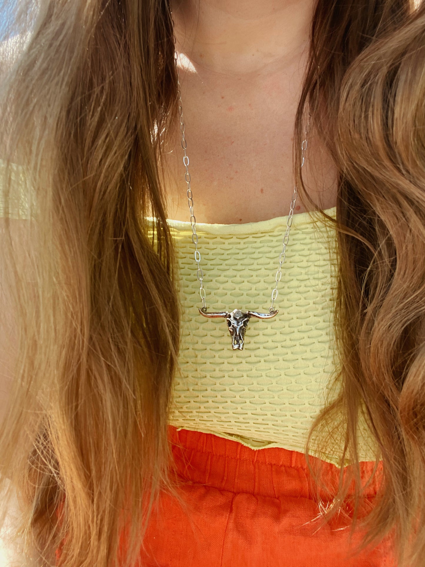 Silver Cow Skull Long Necklace with Herkimer Diamond Crystal Point