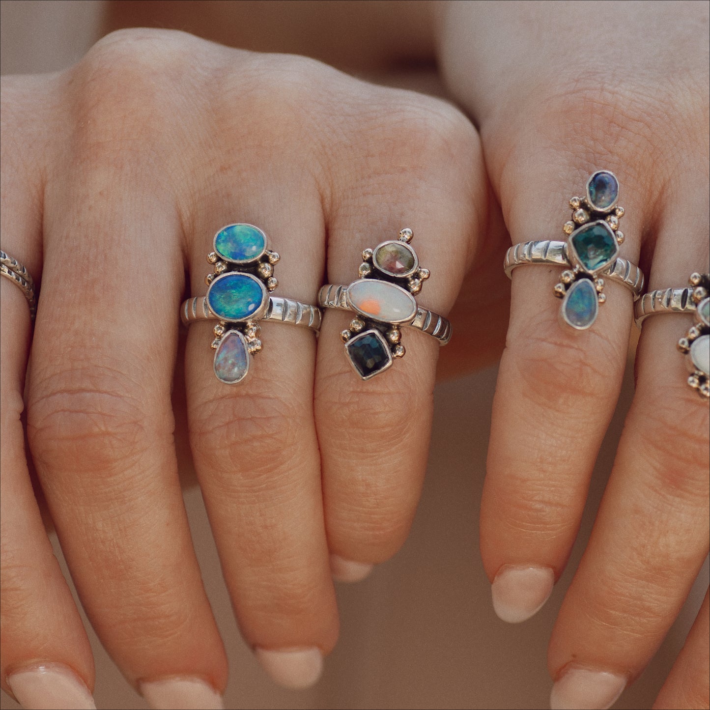 Triad Ring (B) ◇ Australian Opal + Faceted Tourmaline + Australian Opal ◇ Size 6.5 (Silver + 14k Gold)