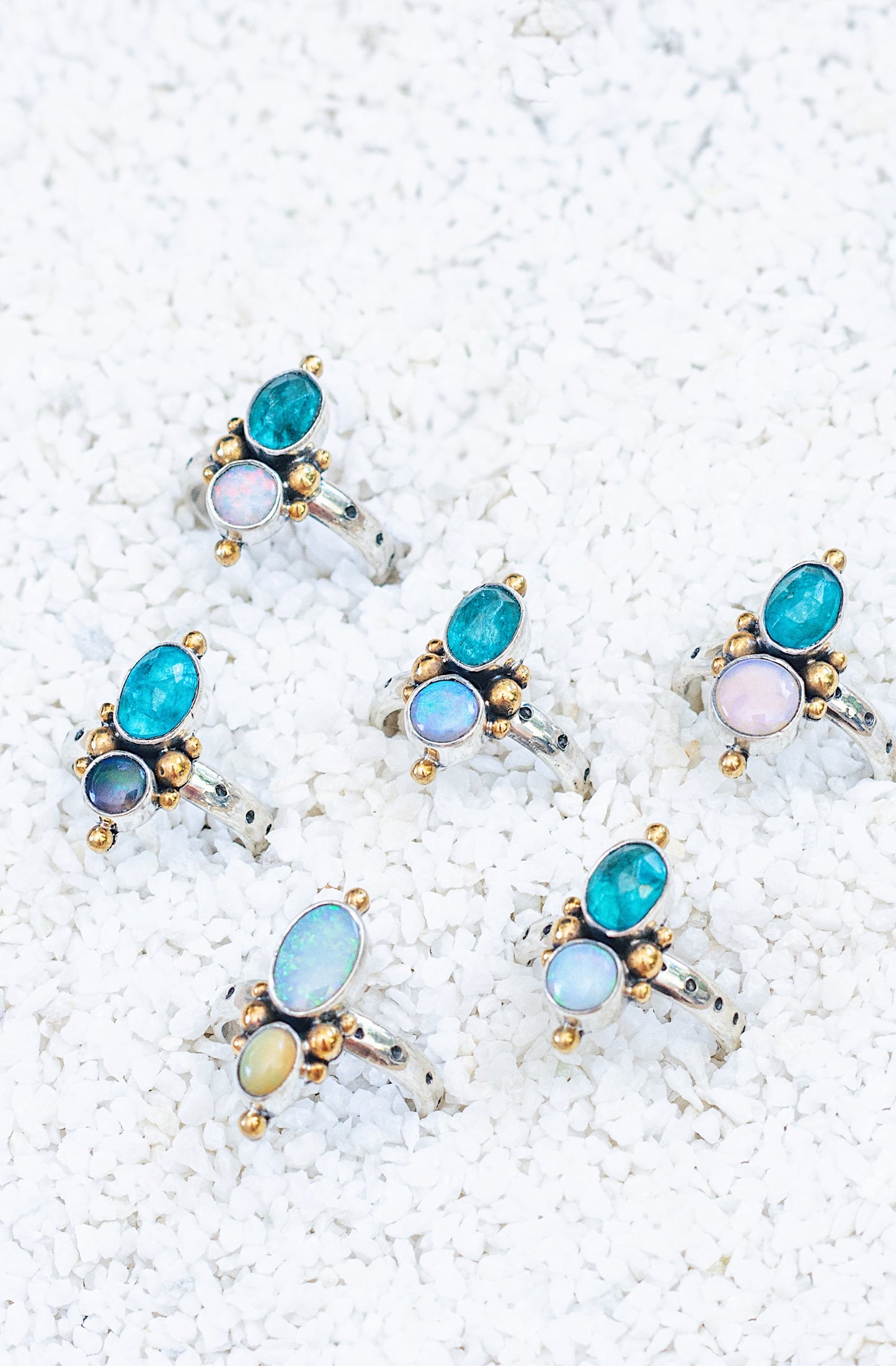 Petite Duo Ring (C) ◇ Faceted Blue Apatite + Australian Opal ◇ Size 6.5