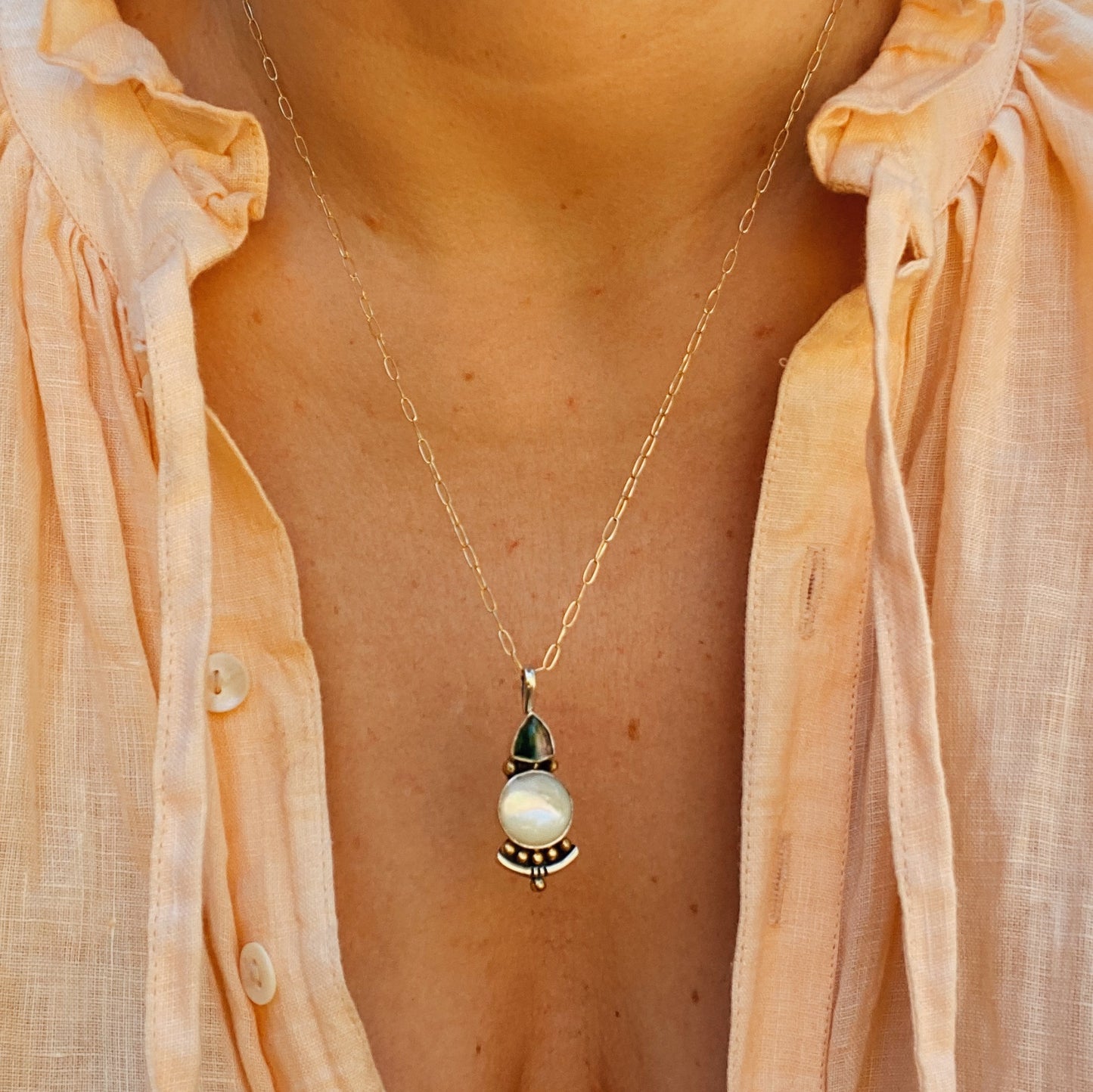 Origin Necklace (C) ◇ Faceted Tourmaline + Mother of Pearl