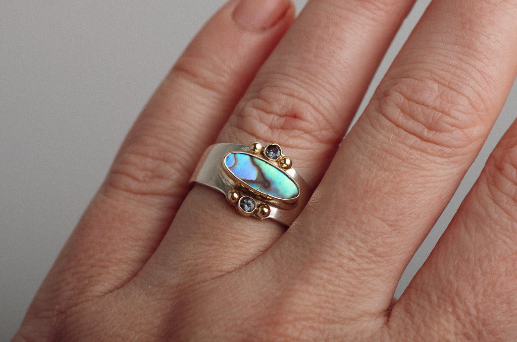 Elongated Affinity Ring ◇ Abalone + Montana Sapphires ◇ Size 7 ◇ 18K gold accents