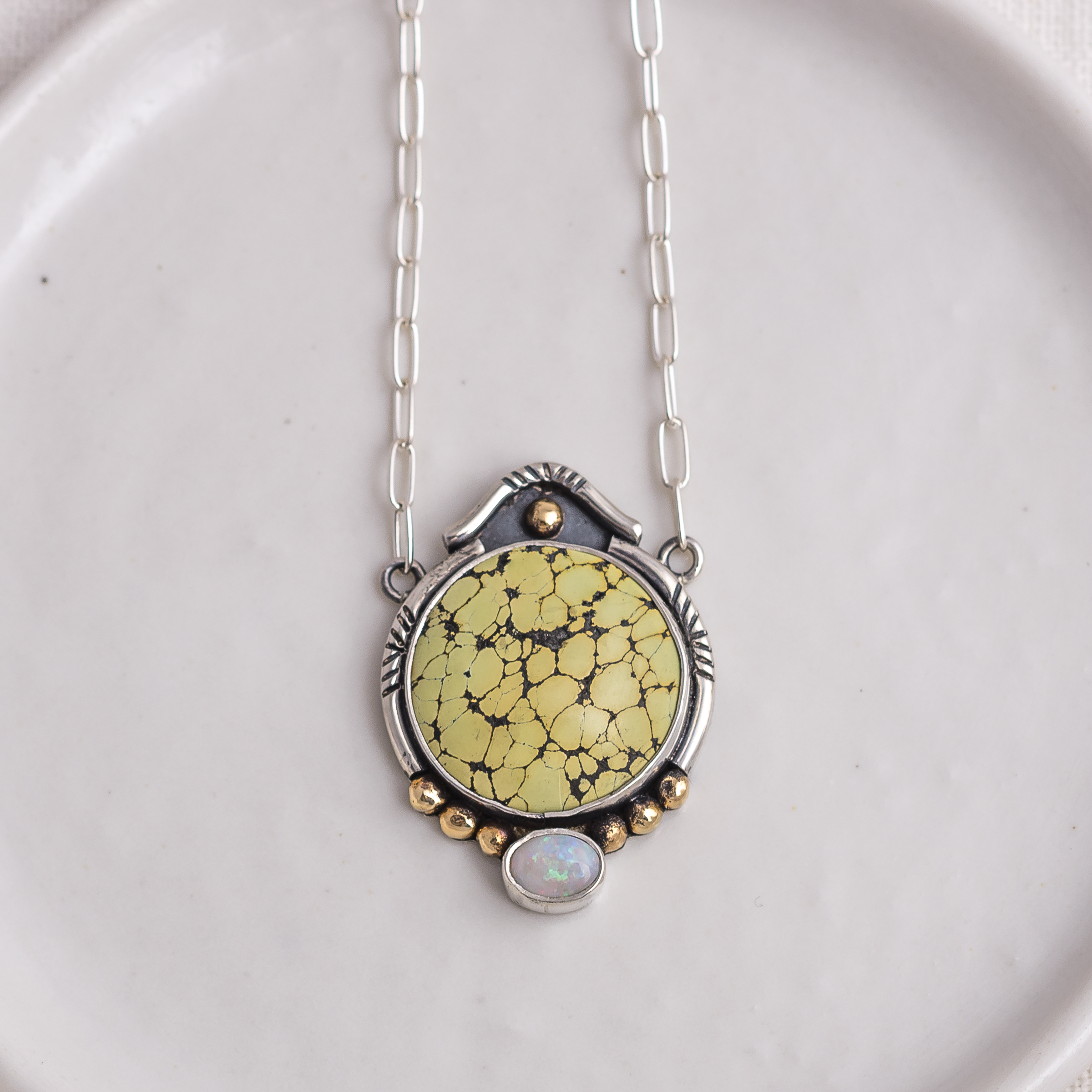 Mixed Metal Crowned Ellipse Necklace ◇ Turquoise + Australian Opal