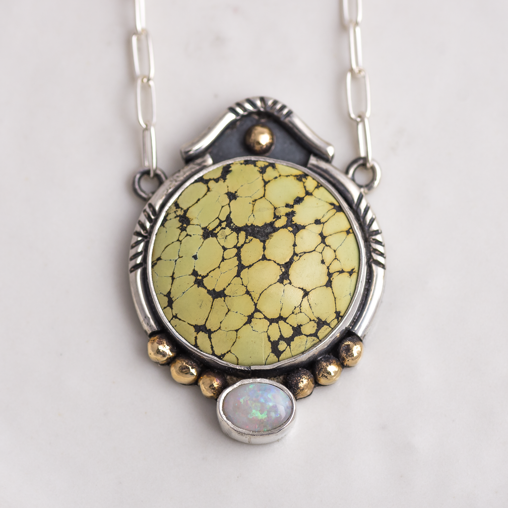 Mixed Metal Crowned Ellipse Necklace ◇ Turquoise + Australian Opal