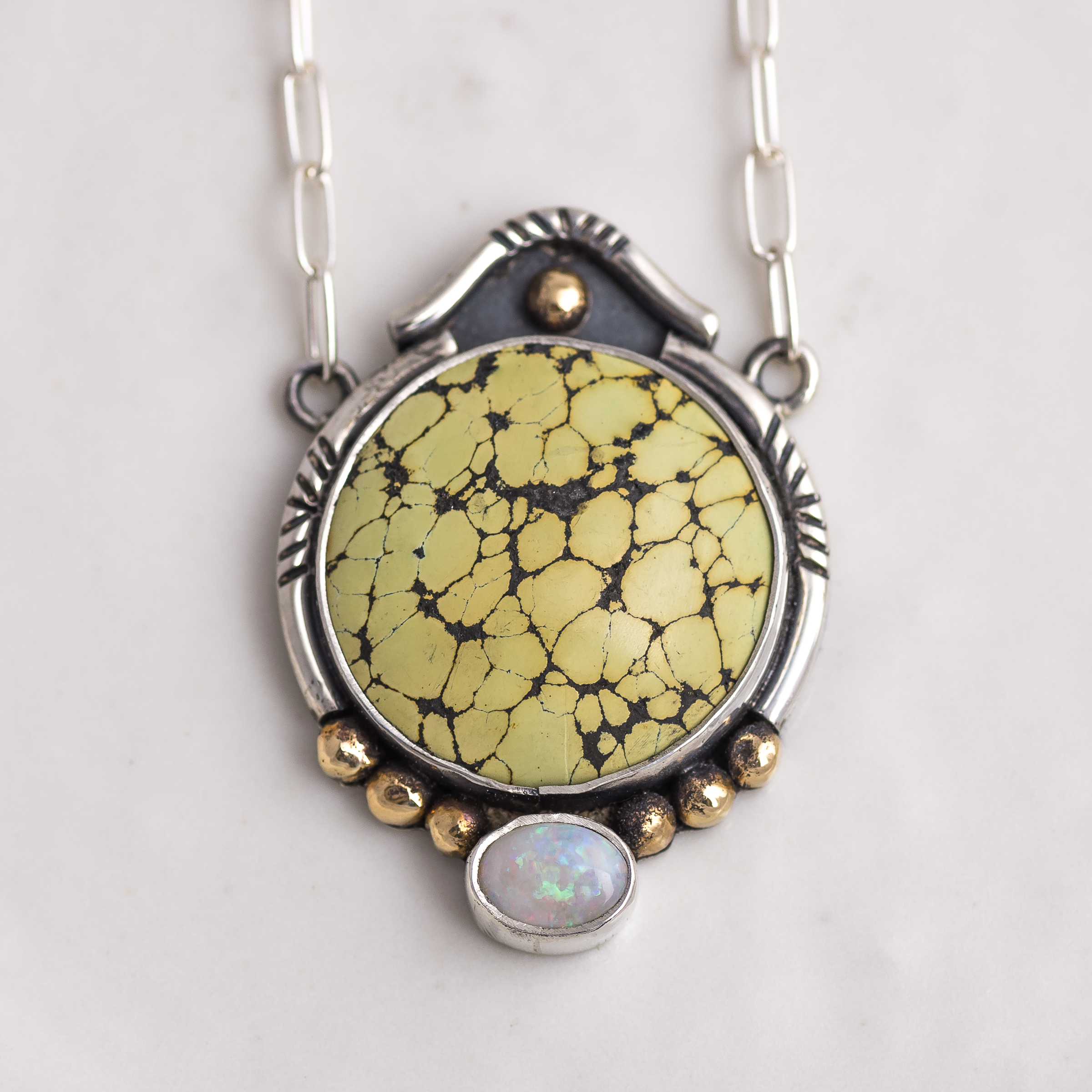 Mixed Metal Crowned Ellipse Necklace ◇ Turquoise + Australian Opal