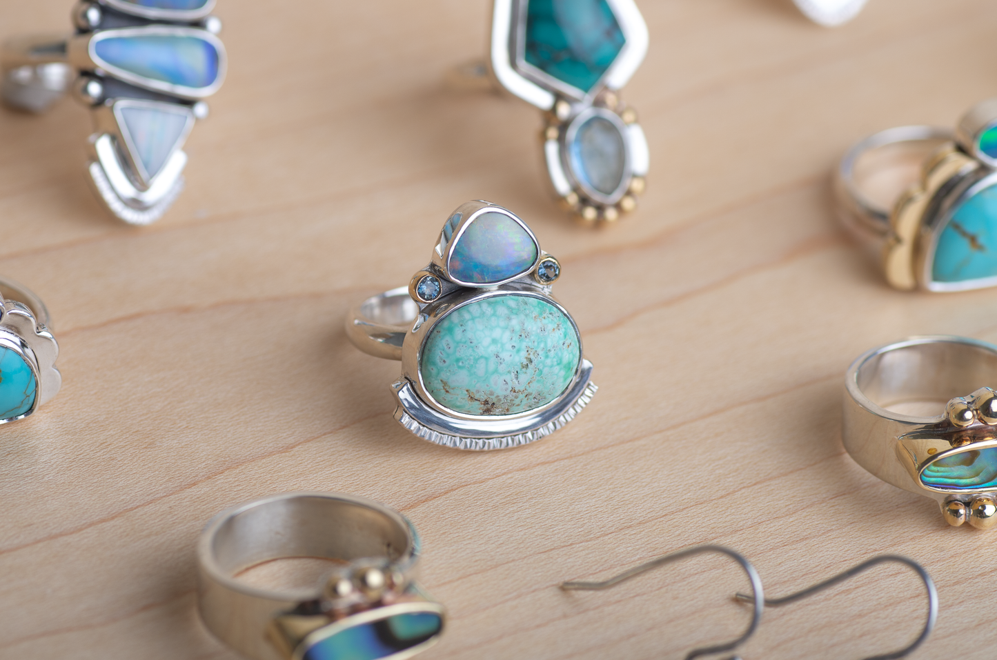 Encompass Ring ◇ Australian Opal + Hubei Turquoise + Montana Sapphires in 18K Gold ◇ Made in your size
