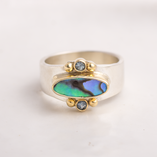 Elongated Affinity Ring ◇ Abalone + Montana Sapphires ◇ Size 7 ◇ 18K gold accents
