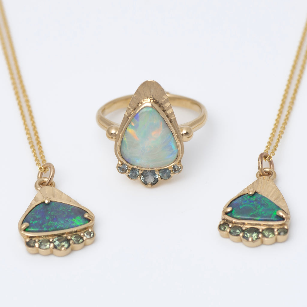 Australian Opal + Sapphire Radiant Mountain Ring