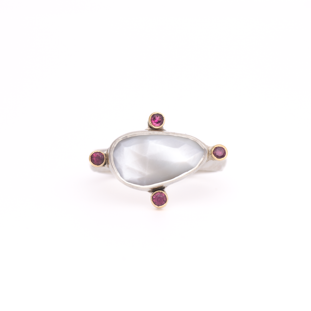 Meridian Ring - Made in Your Size ◇ Mother of Pearl + Berry Sapphire (All Silver or Silver + Gold)