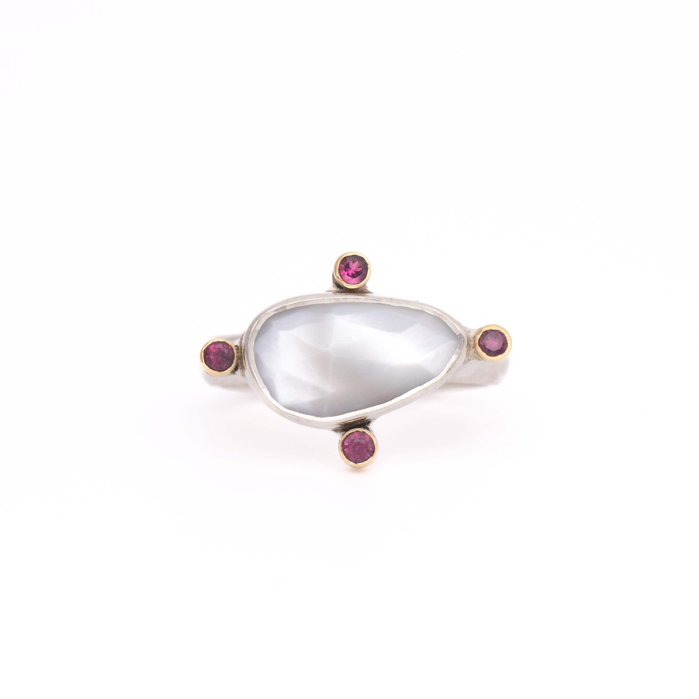 Meridian Ring - Made in Your Size ◇ Mother of Pearl + Berry Sapphire (All Silver or Silver + Gold)