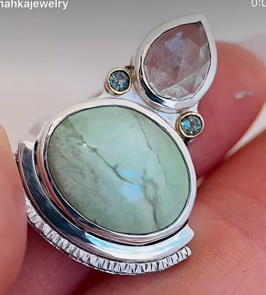 Custom Encompass Ring - Aquamarine, Variscite, Montana Sapphires in 18k accents