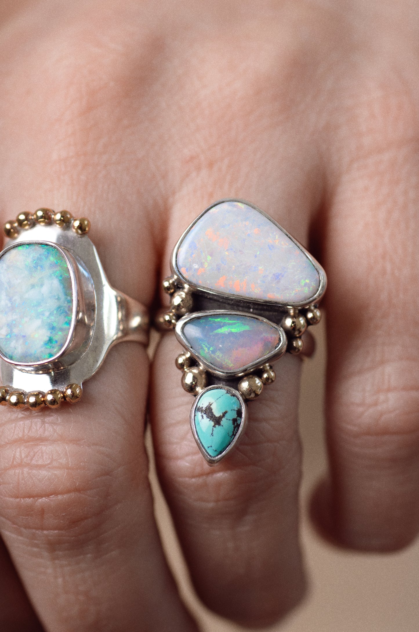Triad Ring ◇ Kingman Turquoise + Australian Opal ◇ Size 7.5 ◇ Silver + 14k Gold