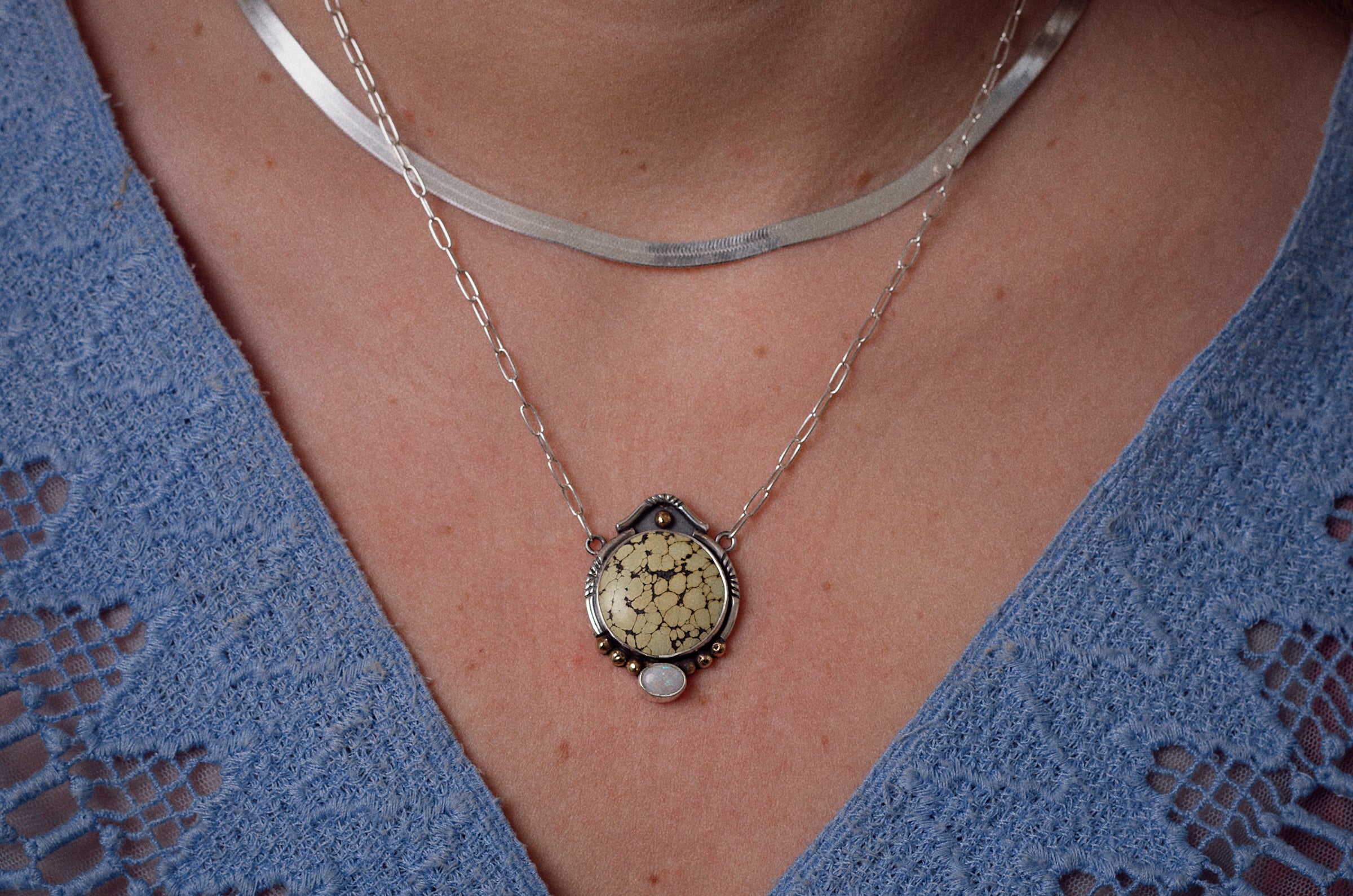 Mixed Metal Crowned Ellipse Necklace ◇ Turquoise + Australian Opal