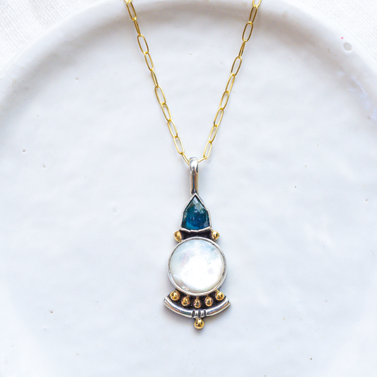 Origin Necklace (A) ◇ Faceted Tourmaline + Mother of Pearl