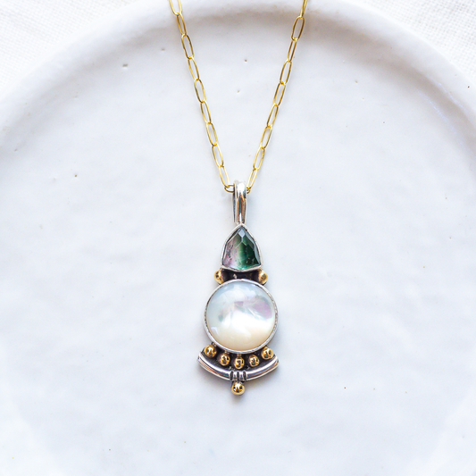 Origin Necklace (C) ◇ Faceted Tourmaline + Mother of Pearl