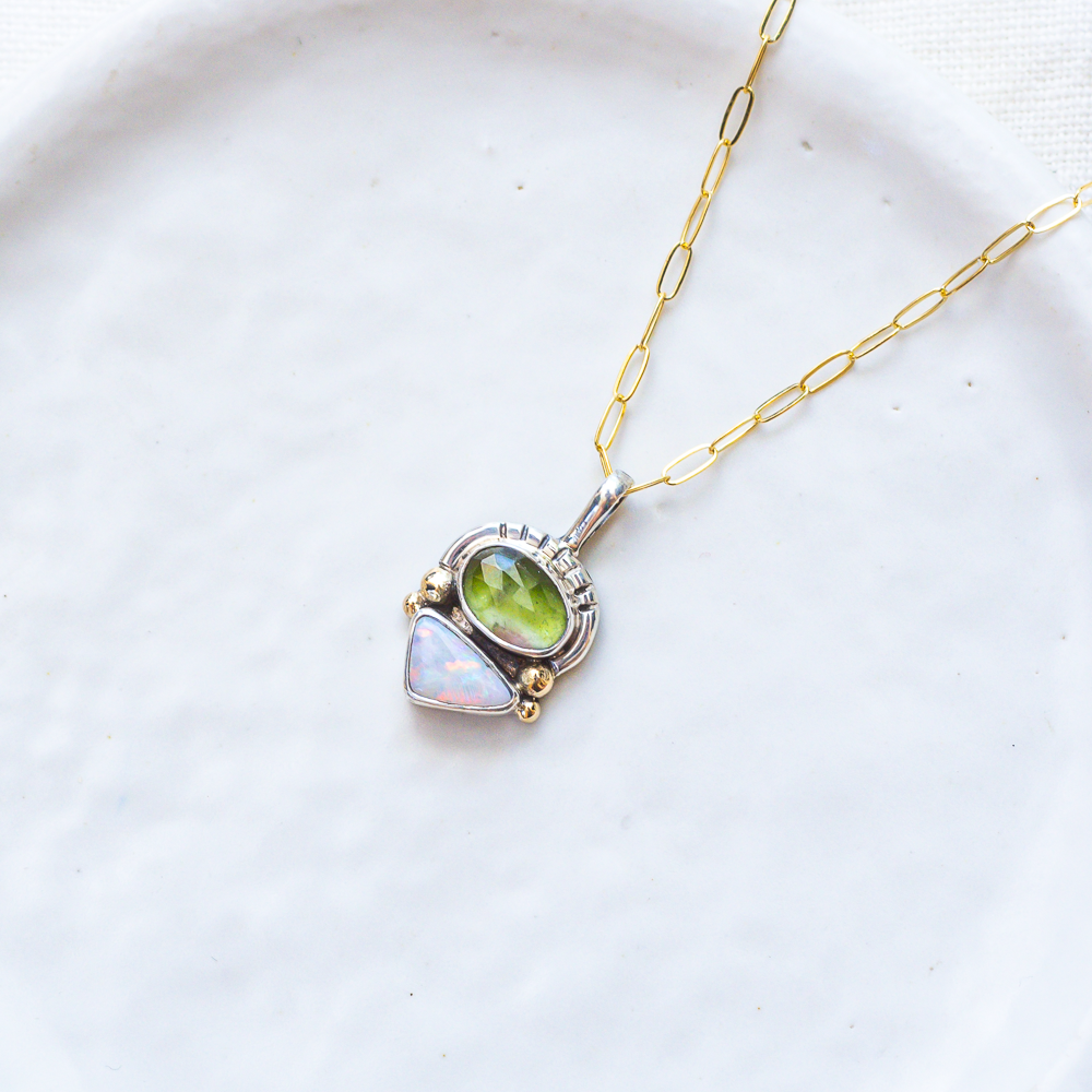 Duo Necklace (A) ◇ Faceted Tourmaline + Australian Opal (Silver + 14k Gold)