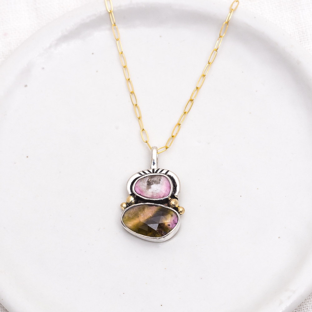 Duo Necklace (A) ◇ Faceted Tourmaline ◇ Silver + 14k Gold