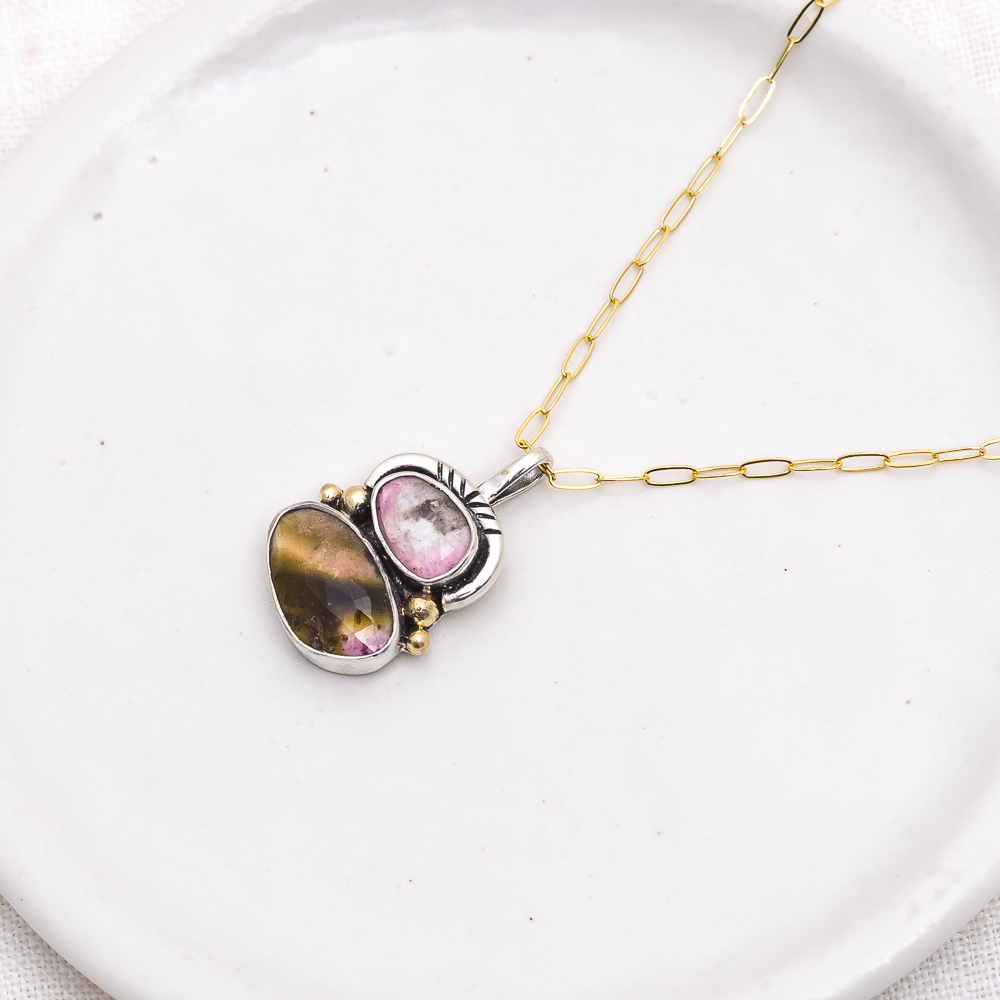 Duo Necklace (A) ◇ Faceted Tourmaline ◇ Silver + 14k Gold
