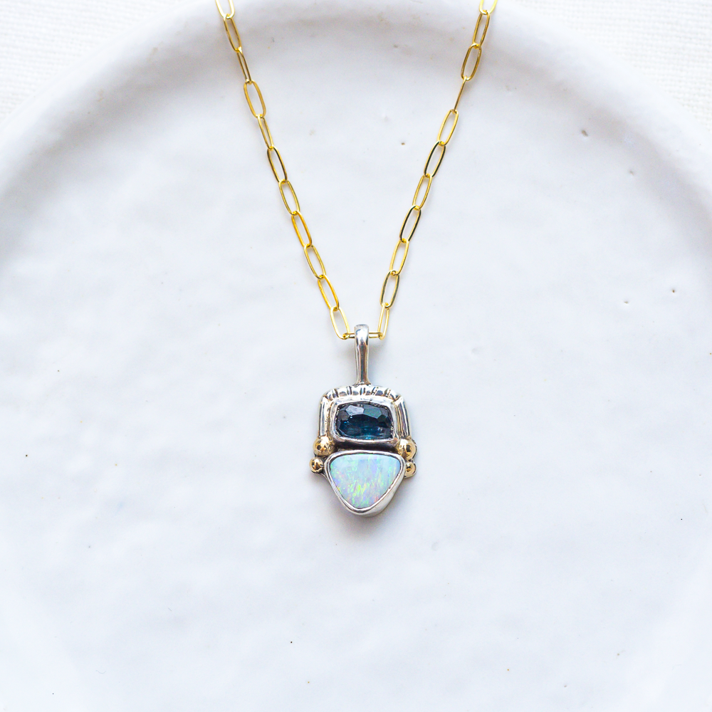Duo Necklace (B) ◇ Faceted Tourmaline + Australian Opal (Silver + 14k Gold)