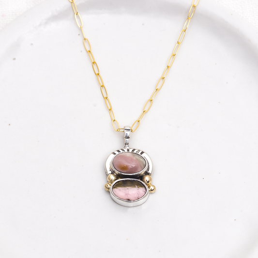 Duo Necklace (C) ◇ Willow Creek Jasper + Faceted Tourmaline ◇ Silver + 14k Gold