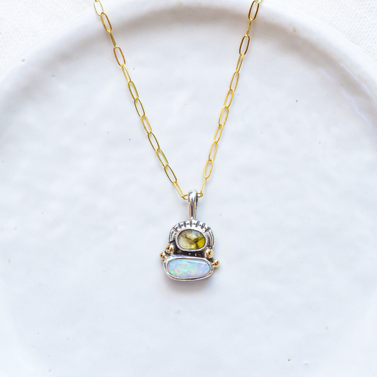 Duo Necklace (E) ◇ Faceted Tourmaline + Australian Opal (Silver + 14k Gold)