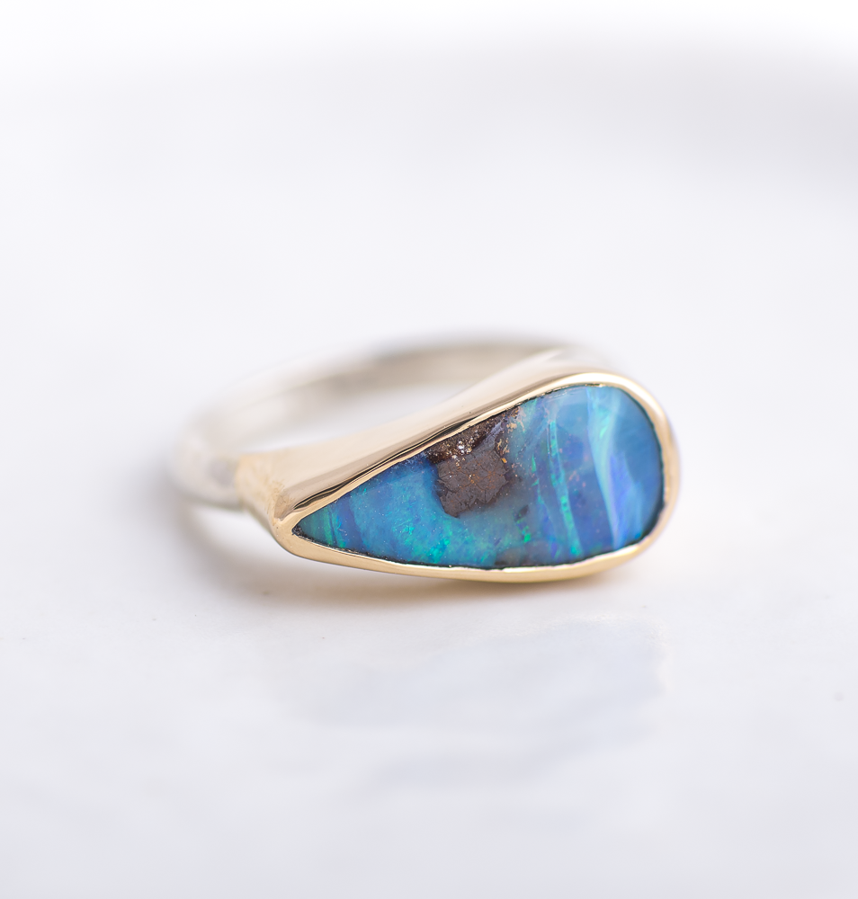 Opal East West Ring ◇ Size 6.5 ◇  Silver + 14k Gold