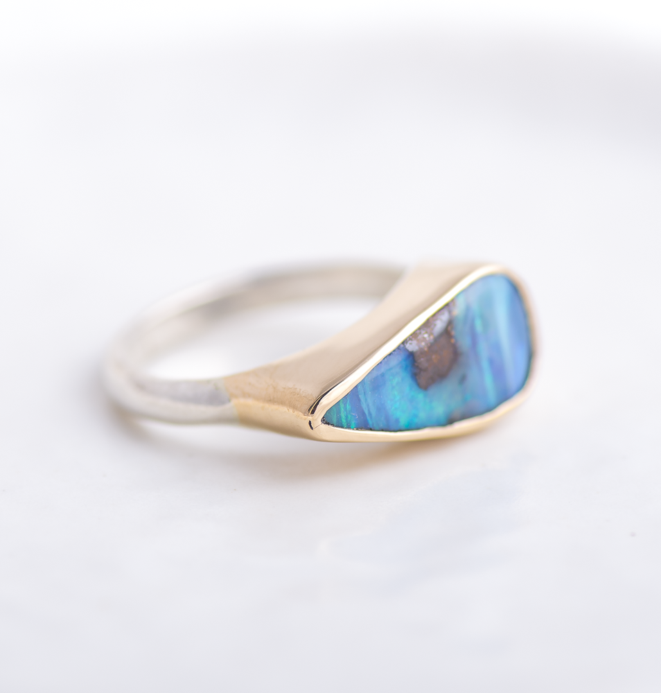 Opal East West Ring ◇ Size 6.5 ◇  Silver + 14k Gold
