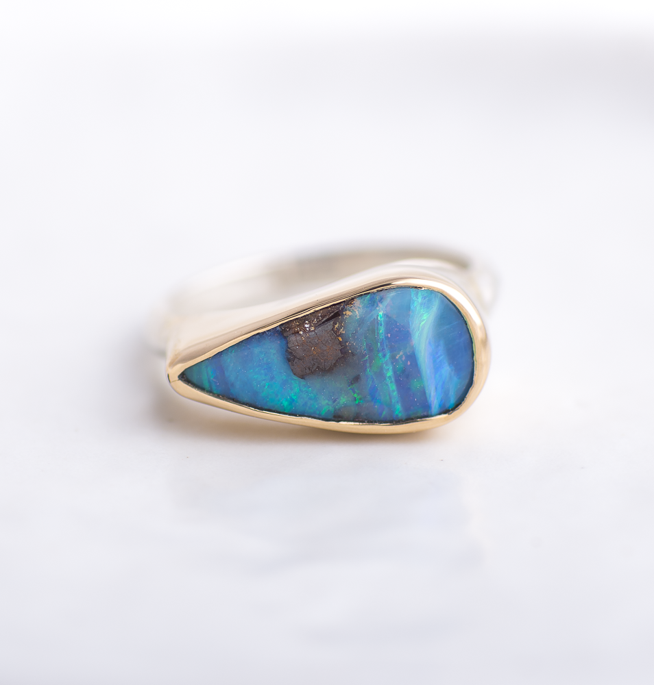 Opal East West Ring ◇ Size 6.5 ◇  Silver + 14k Gold