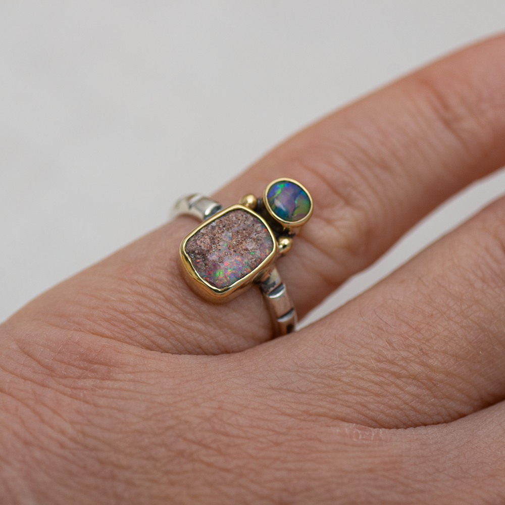 Nova Ring (A) ◇ Australian Opal ◇ Size 5.5 ◇ Silver + 14k Gold