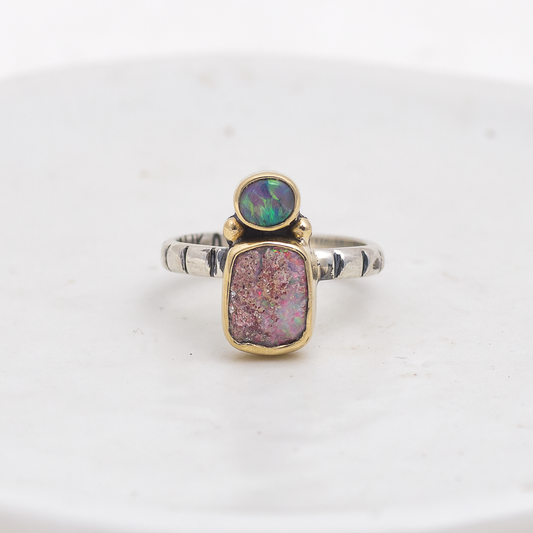 Nova Ring (A) ◇ Australian Opal ◇ Size 5.5 ◇ Silver + 14k Gold