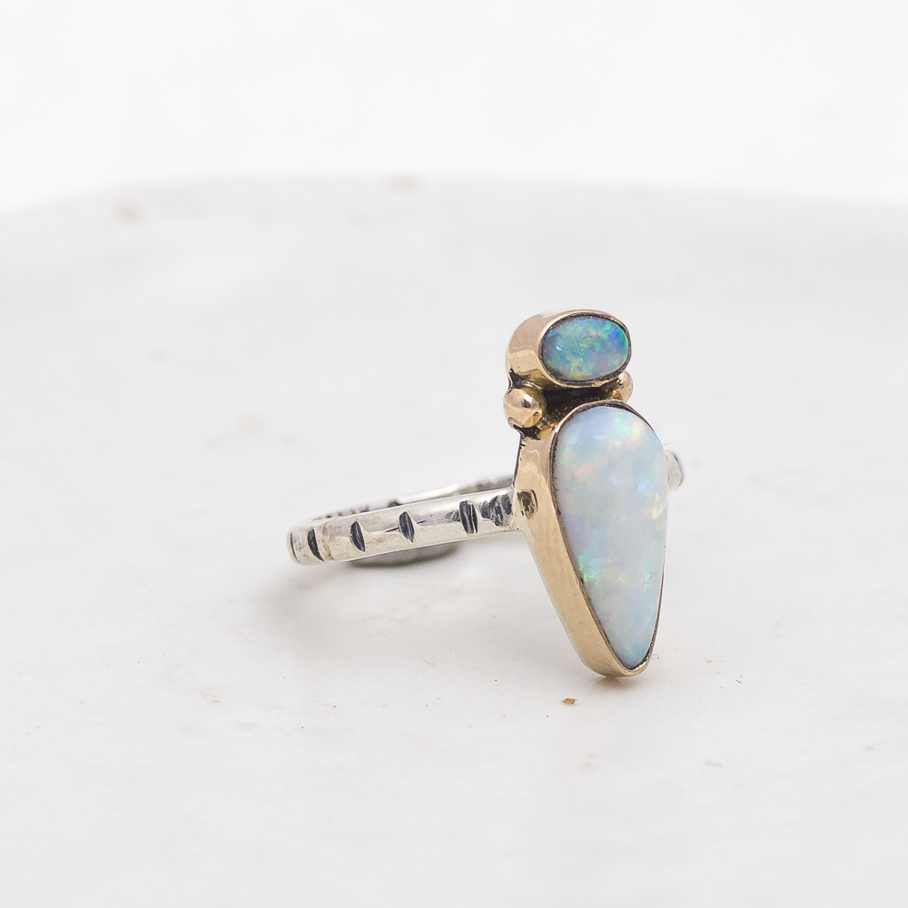 Nova Ring (F) ◇ Australian Opal ◇ Size 6.5 ◇ Silver + 14k Gold