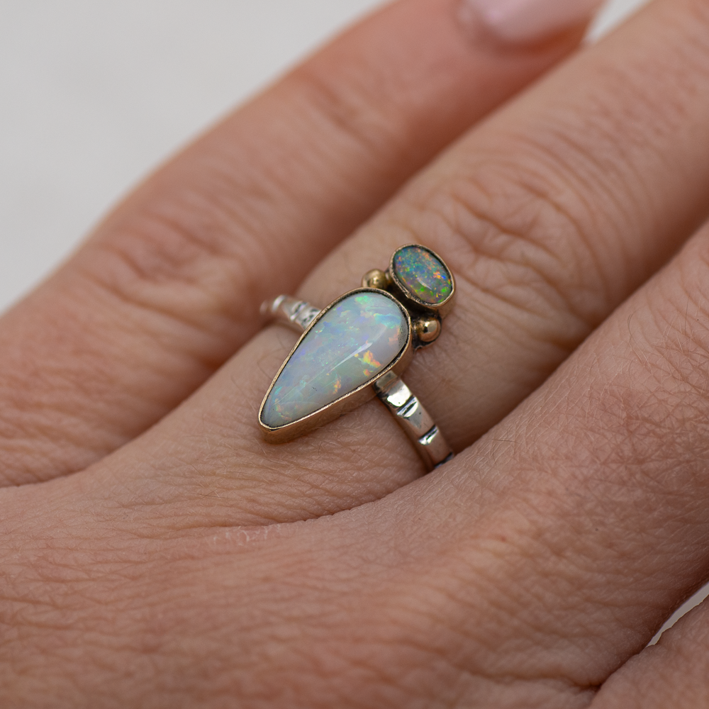 Nova Ring (F) ◇ Australian Opal ◇ Size 6.5 ◇ Silver + 14k Gold