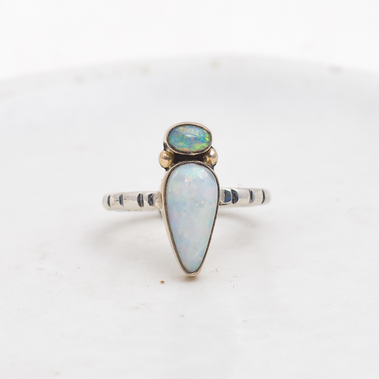 Nova Ring (F) ◇ Australian Opal ◇ Size 6.5 ◇ Silver + 14k Gold