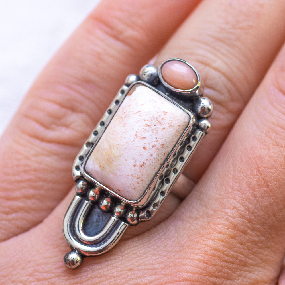 Prisms Ring ◇ Pink Opal + Peach Scolecite ◇ Size 6.5