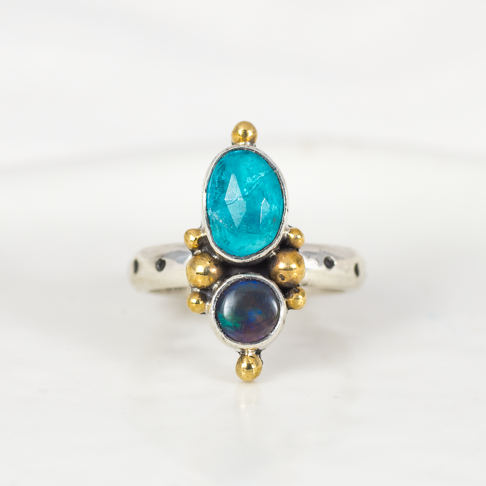 Petite Duo Ring (A) ◇ Faceted Blue Apatite + Australian Opal ◇ Size 5.5