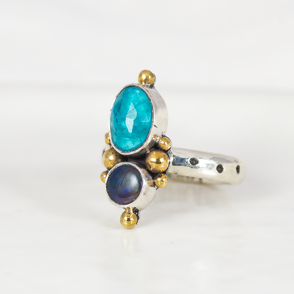 Petite Duo Ring (A) ◇ Faceted Blue Apatite + Australian Opal ◇ Size 5.5