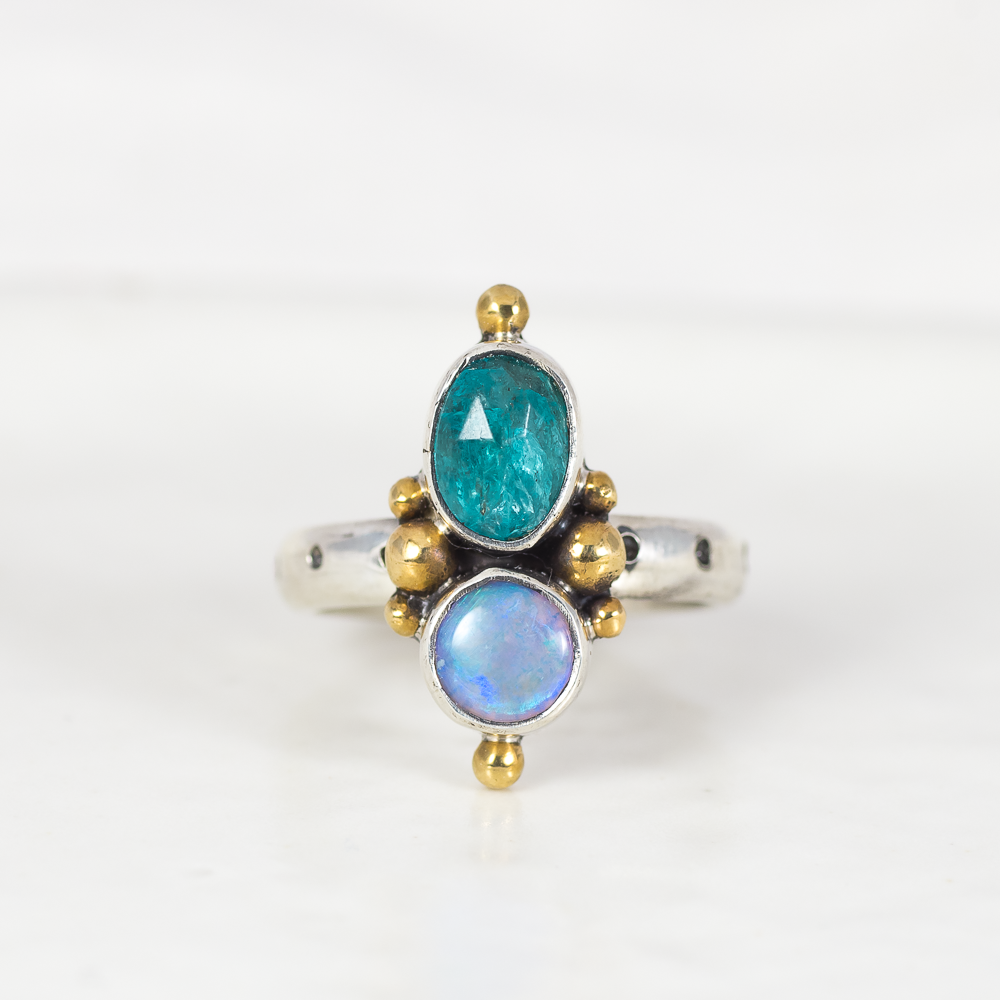 Petite Duo Ring (B) ◇ Faceted Blue Apatite + Australian Opal ◇ Size 6
