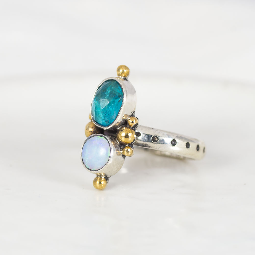 Petite Duo Ring (D) ◇ Faceted Blue Apatite + Australian Opal ◇ Size 7