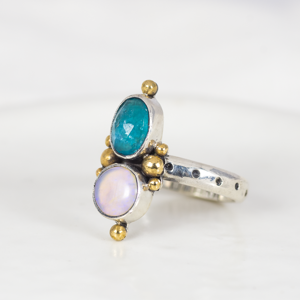 Petite Duo Ring (F) ◇ Faceted Blue Apatite + Australian Opal ◇ Size 7.5